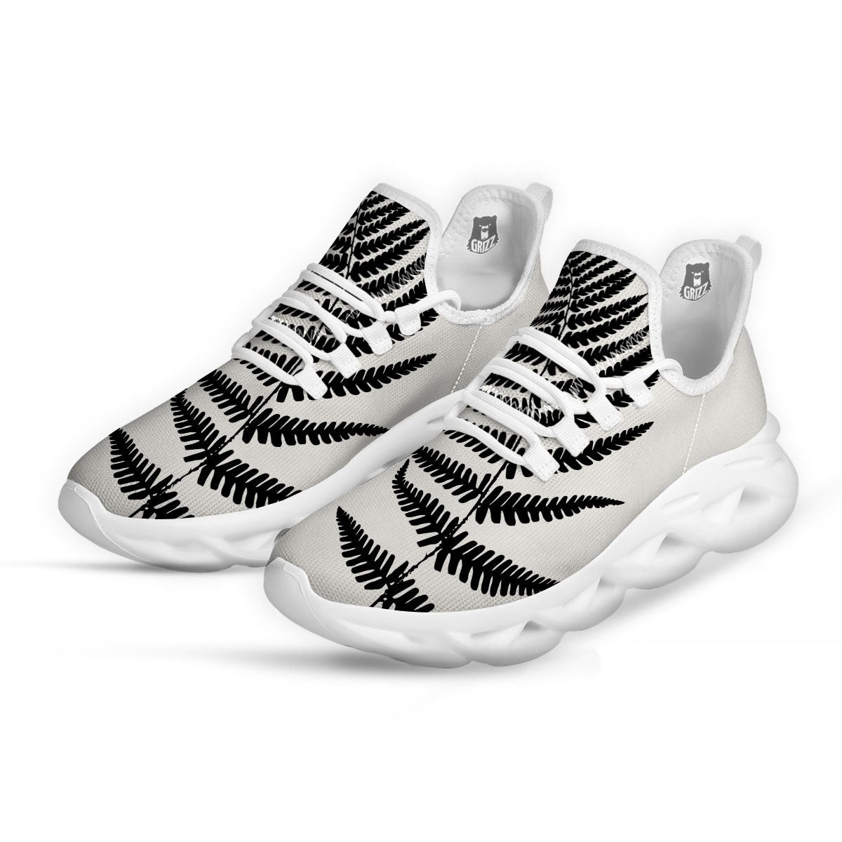 Fern Leaf White And Black Print White Running Shoes-grizzshop