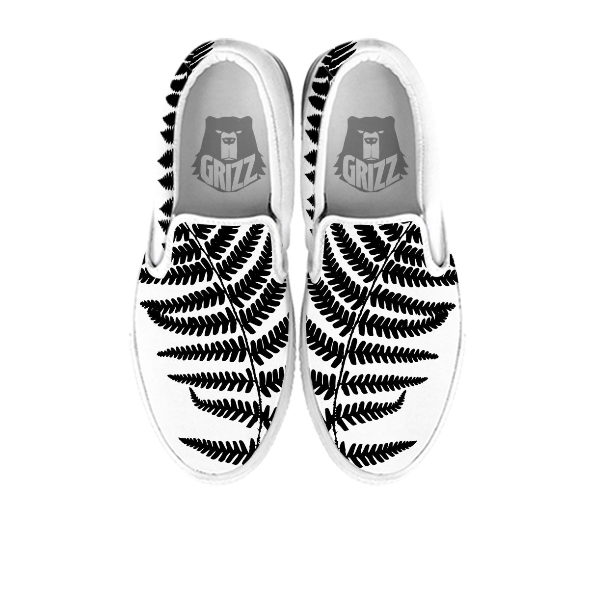 Fern Leaf White And Black Print White Slip On Shoes-grizzshop