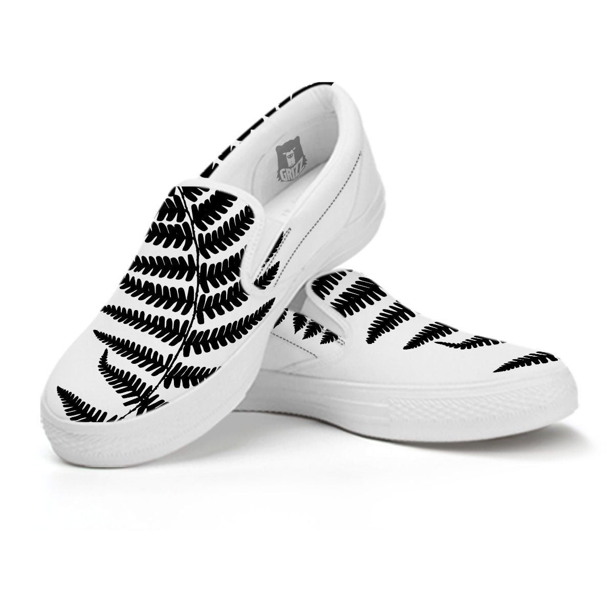 Fern Leaf White And Black Print White Slip On Shoes-grizzshop