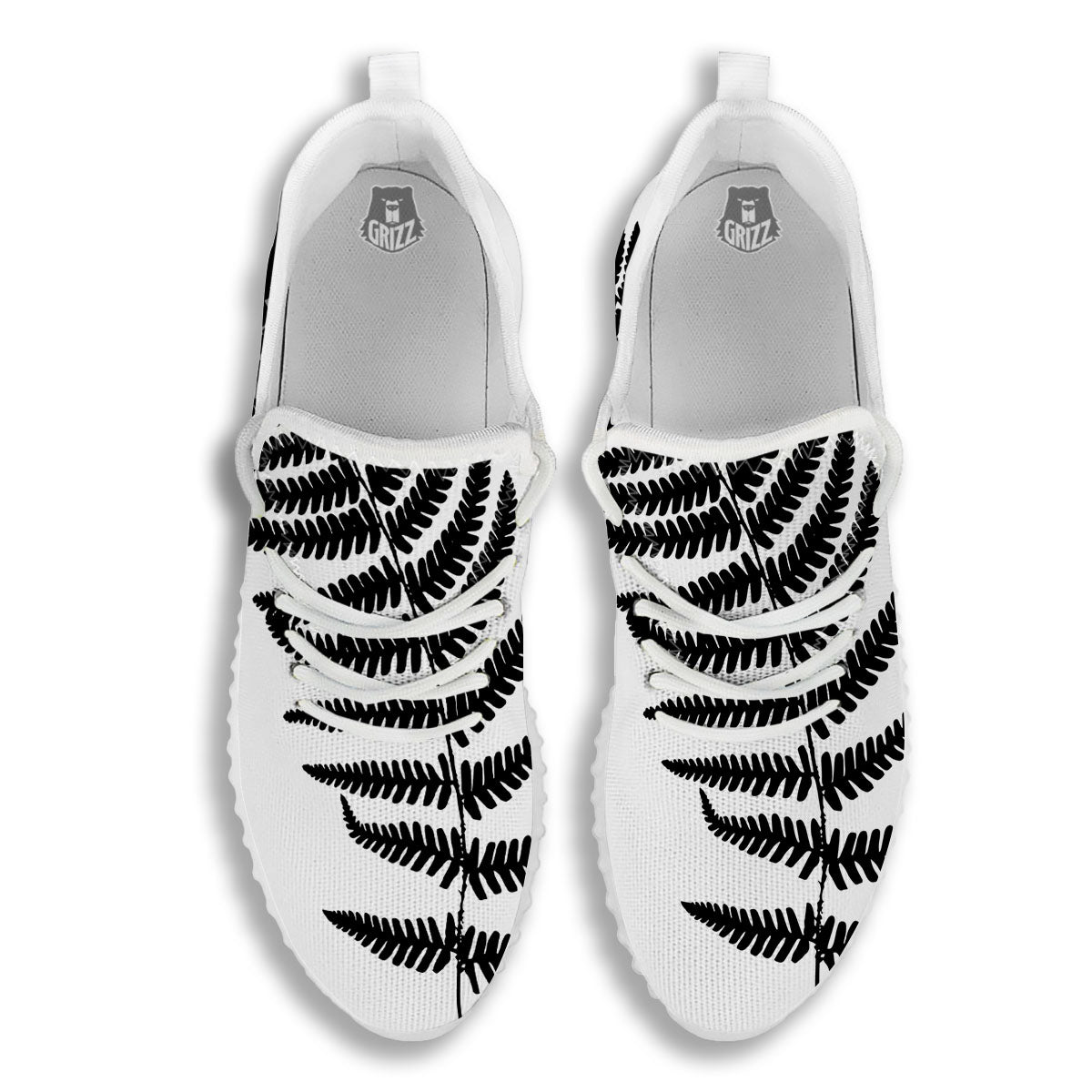 Fern Leaf White And Black Print White Walking Shoes-grizzshop