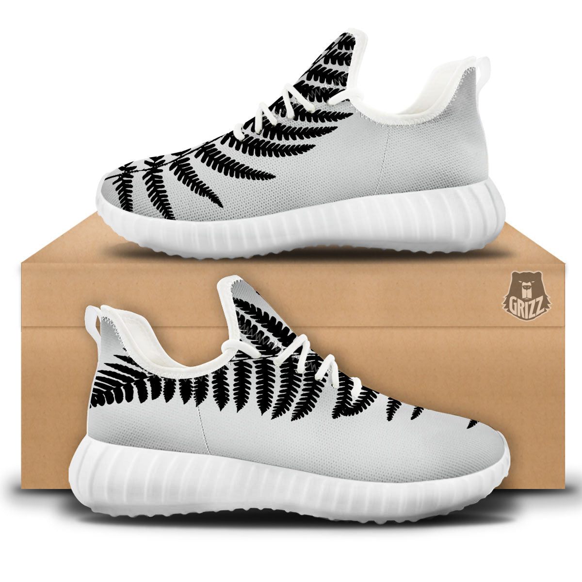 Fern Leaf White And Black Print White Walking Shoes-grizzshop