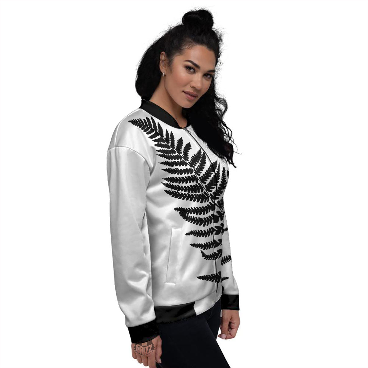 Fern Leaf White And Black Print Women's Bomber Jacket-grizzshop