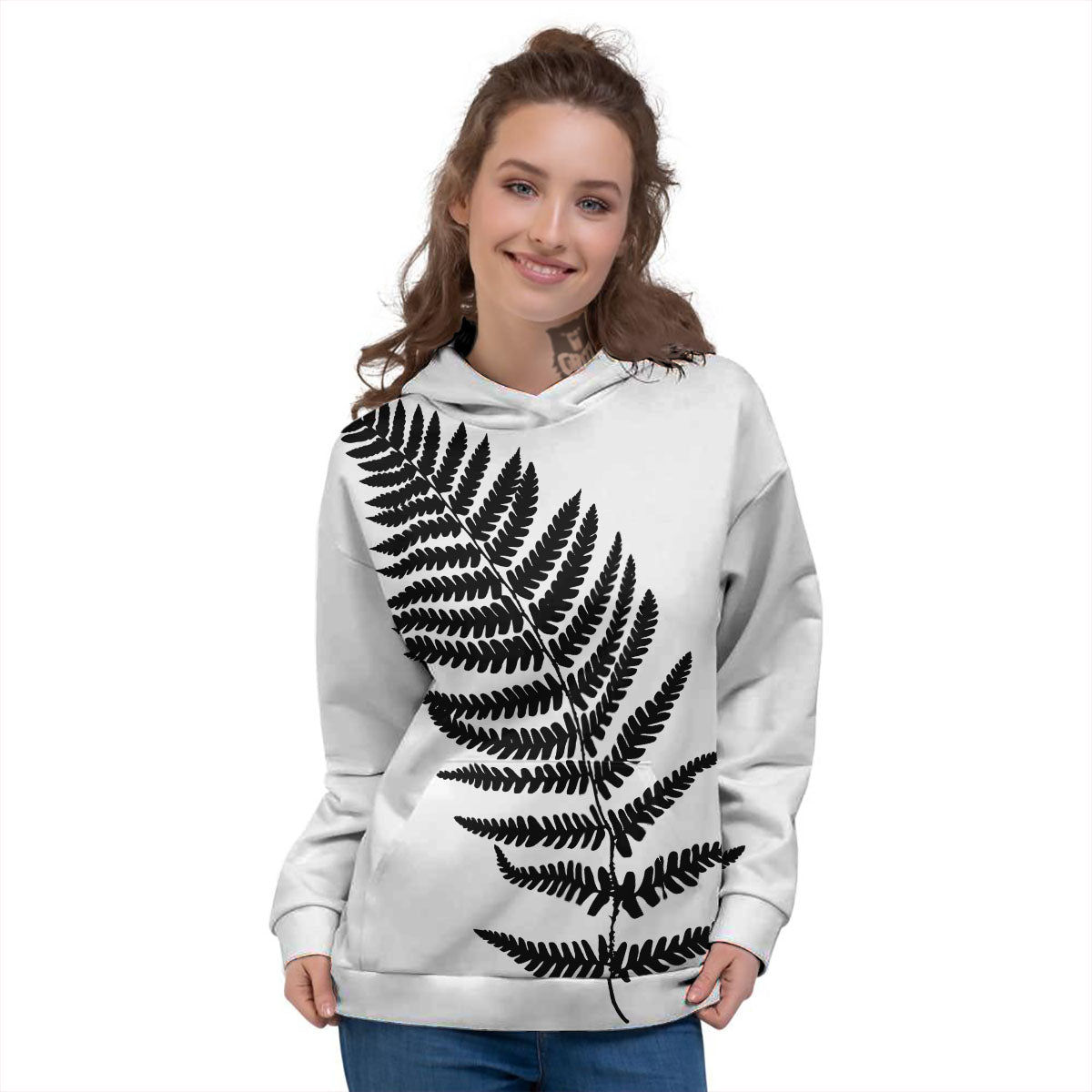 Fern Leaf White And Black Print Women's Hoodie-grizzshop