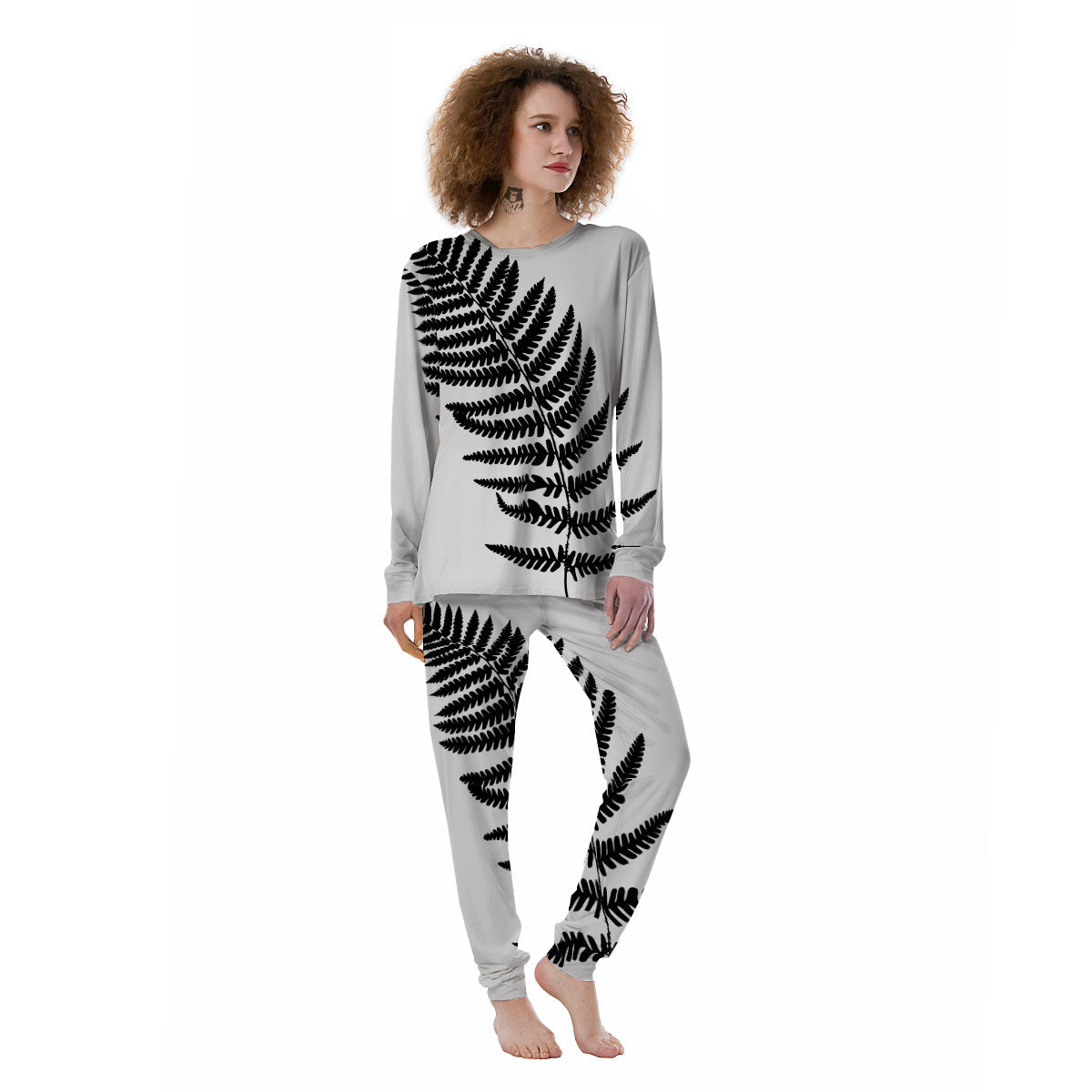 Fern Leaf White And Black Print Women's Pajamas-grizzshop