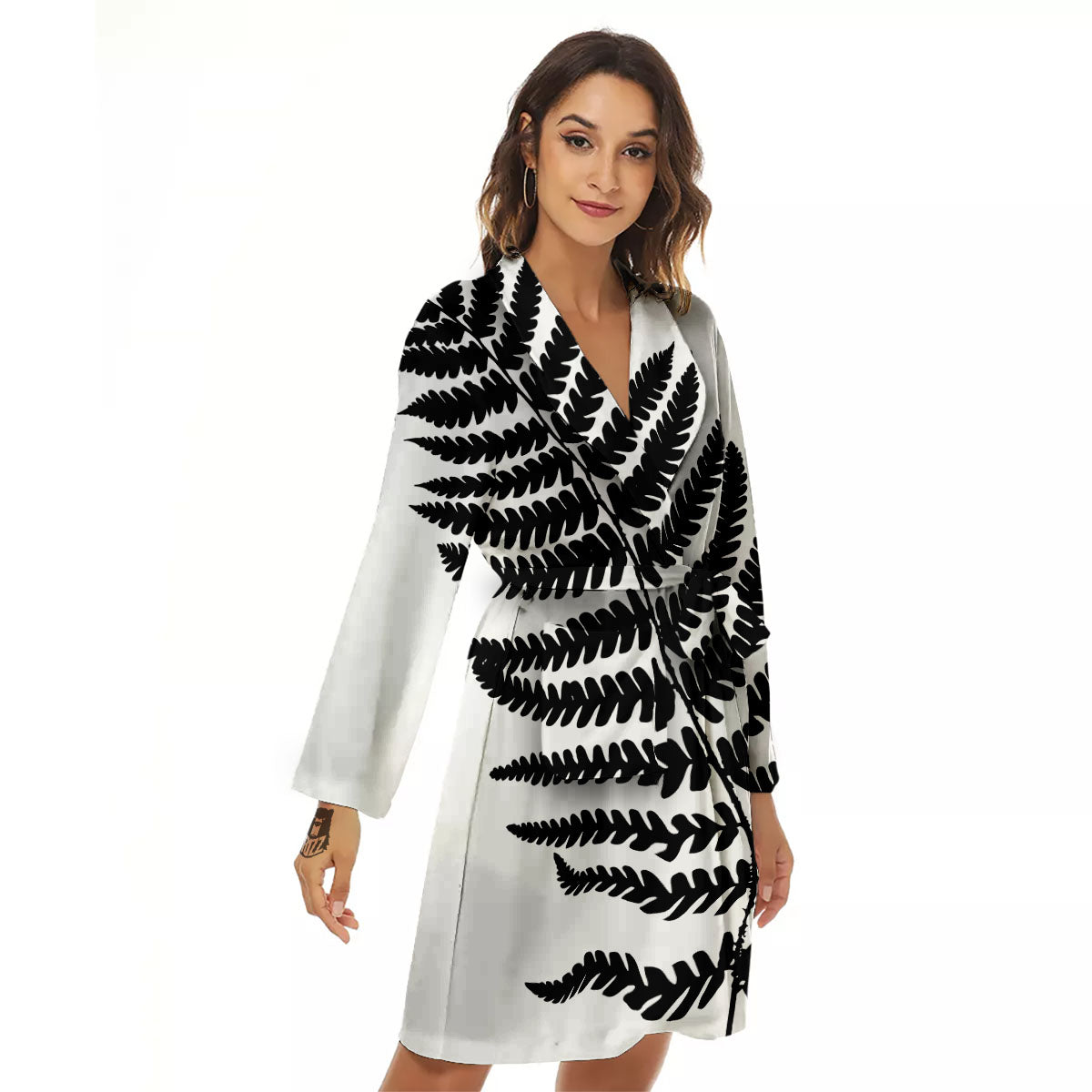 Fern Leaf White And Black Print Women's Robe-grizzshop