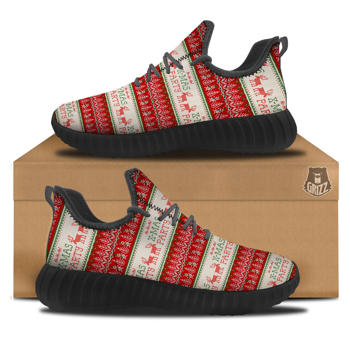 Festive Christmas Knitted Print Pattern Black Walking Shoes-grizzshop