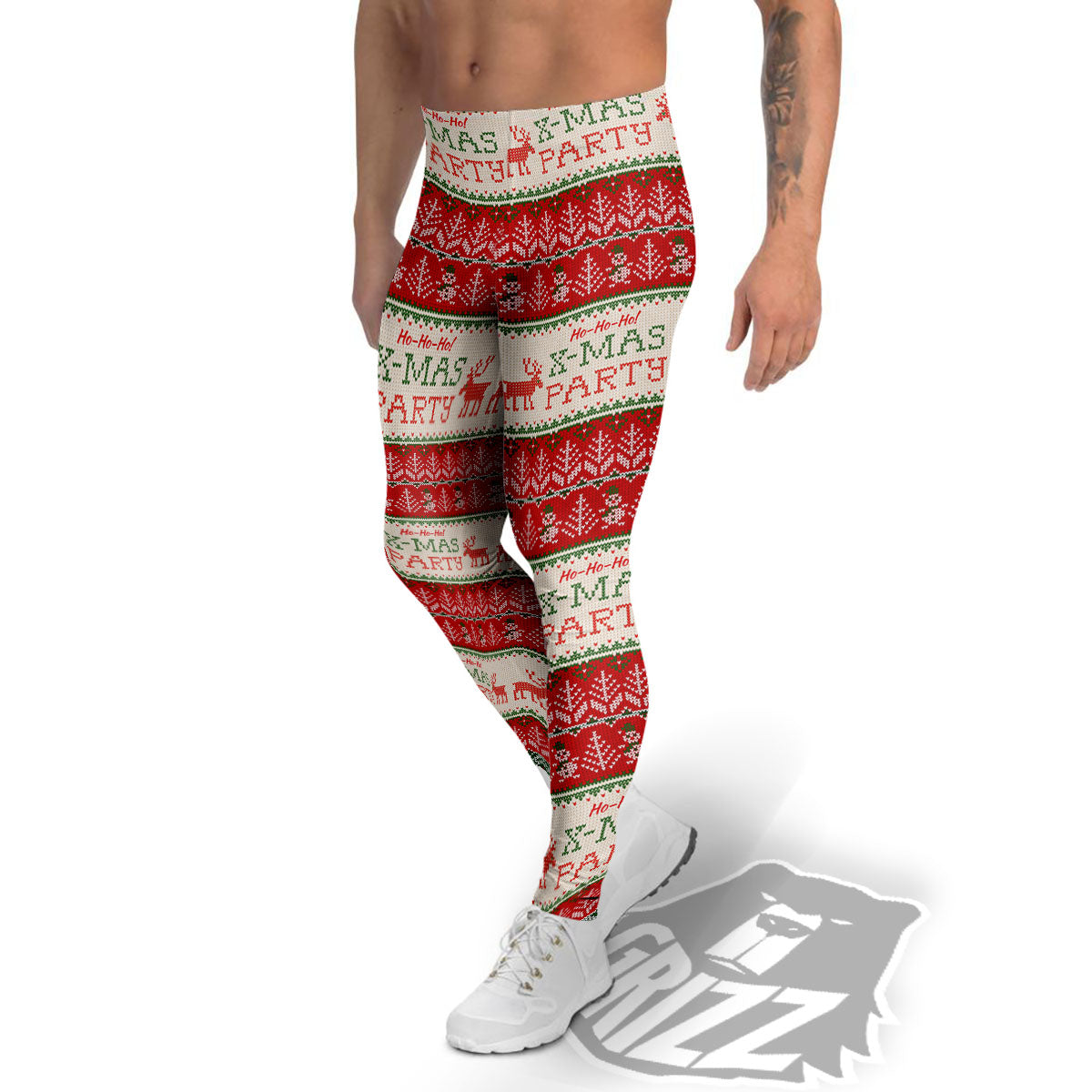 Festive Christmas Knitted Print Pattern Men's Leggings-grizzshop