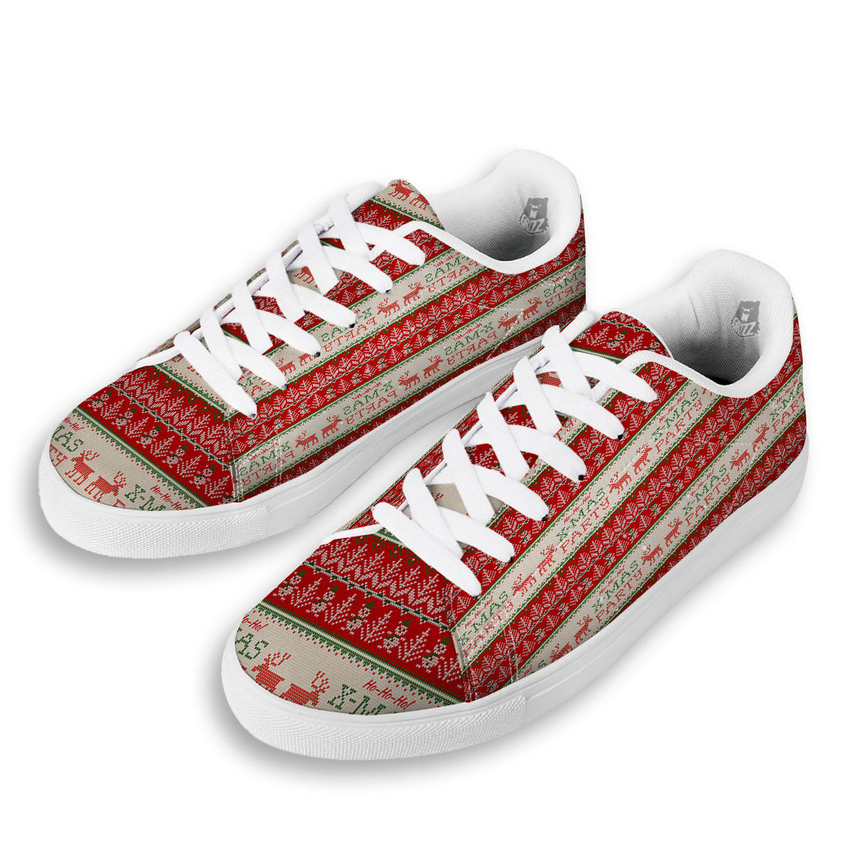 Festive Christmas Knitted Print Pattern White Low Top Sneakers-grizzshop