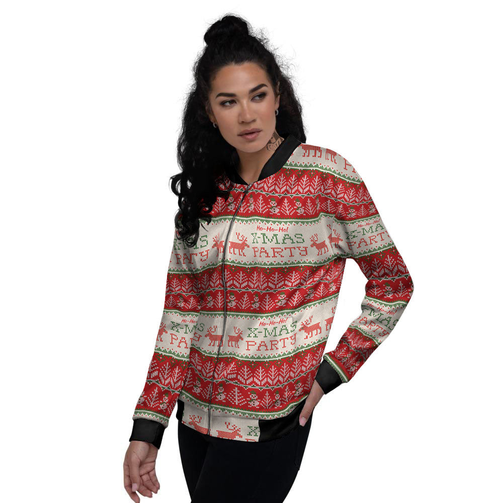 Festive Christmas Knitted Print Pattern Women's Bomber Jacket-grizzshop