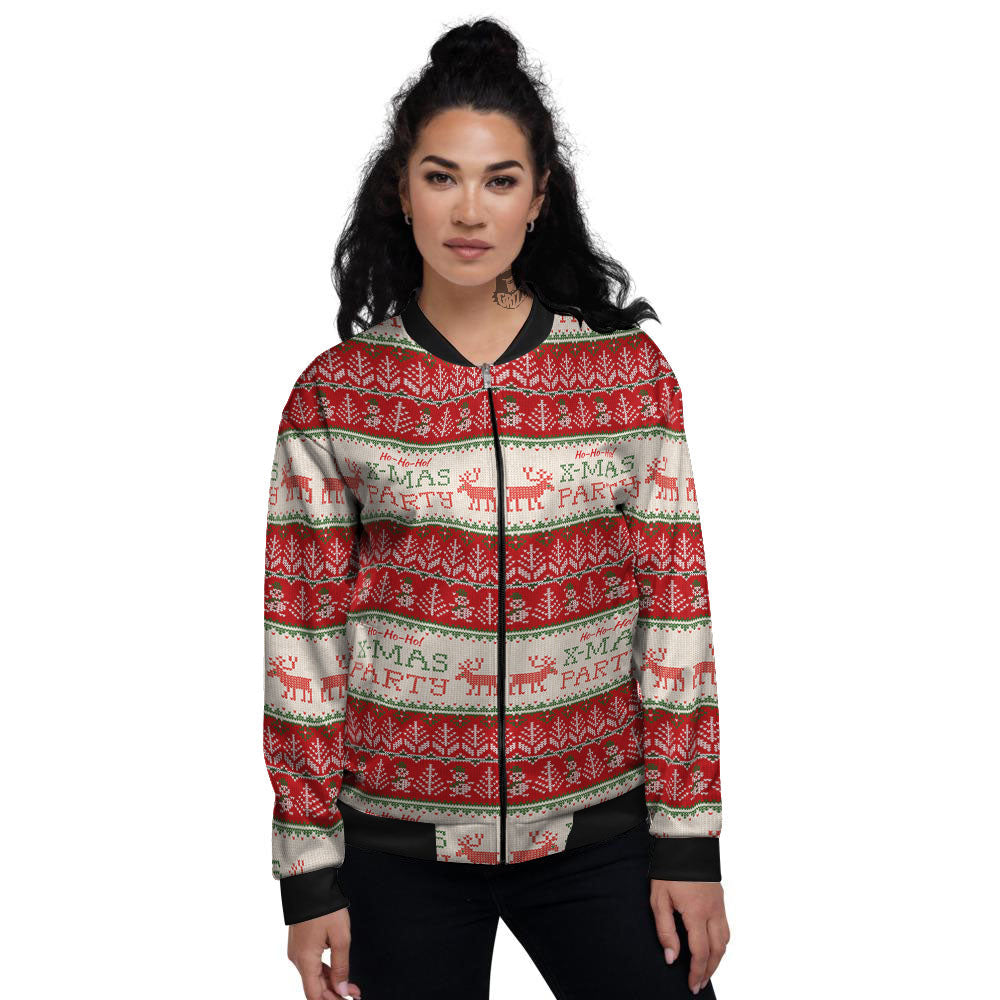 Festive Christmas Knitted Print Pattern Women's Bomber Jacket-grizzshop
