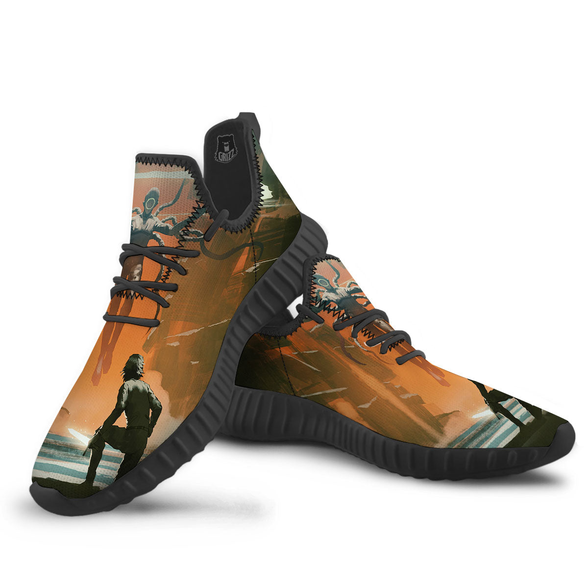 Fight With Alien Print Black Walking Shoes-grizzshop