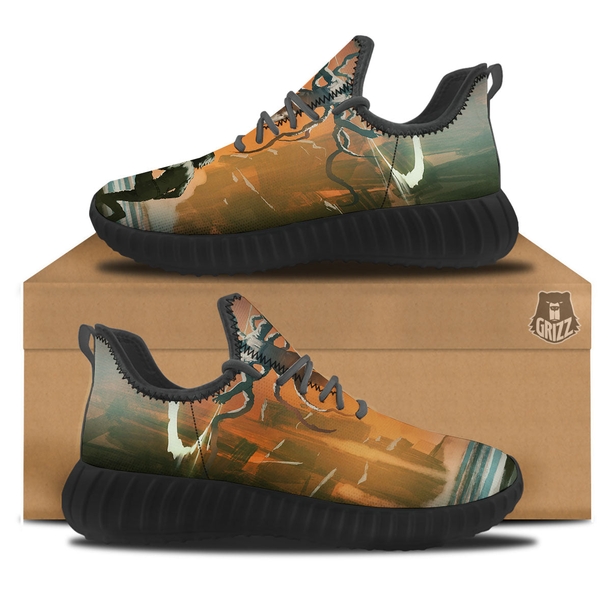Fight With Alien Print Black Walking Shoes-grizzshop