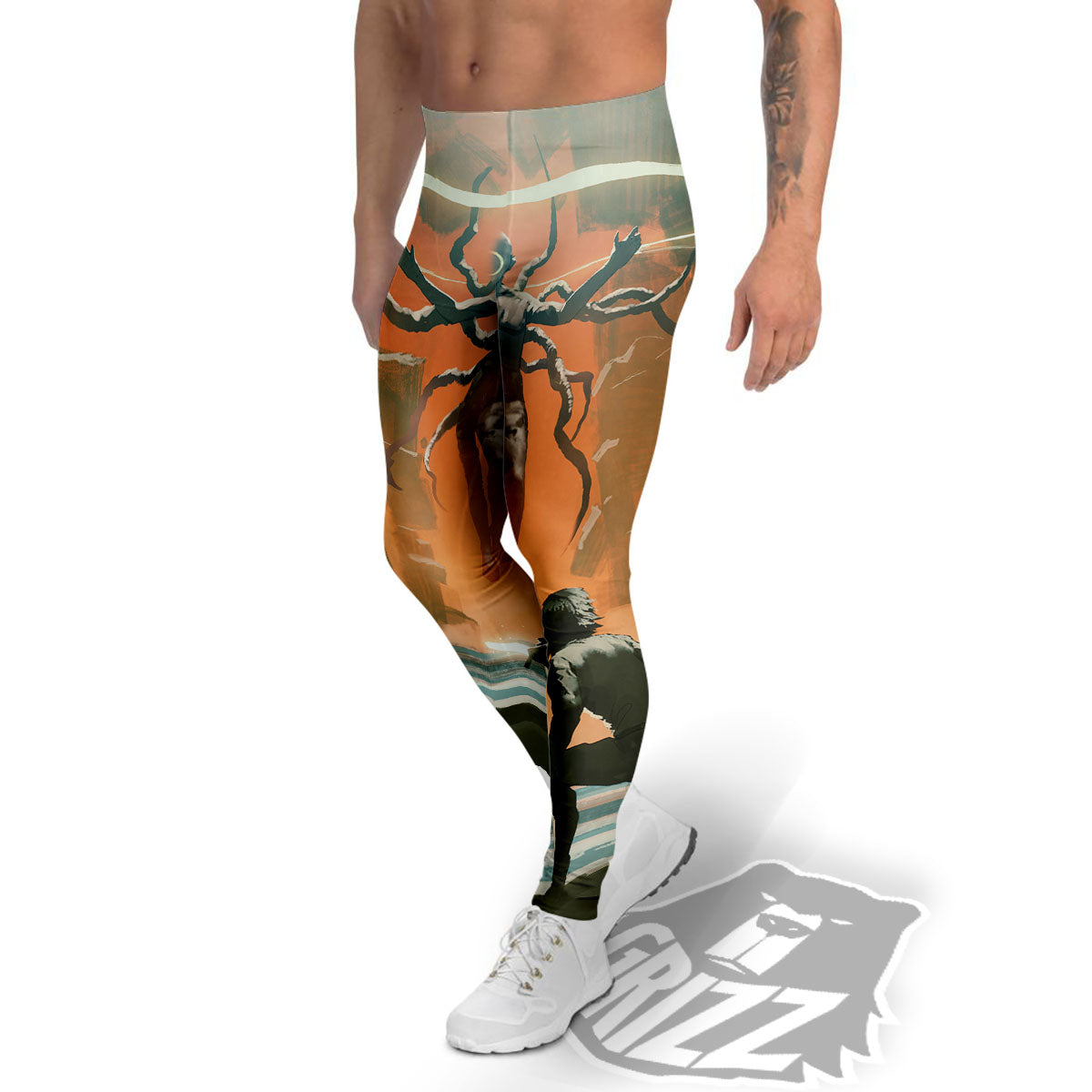 Fight With Alien Print Men's Leggings-grizzshop