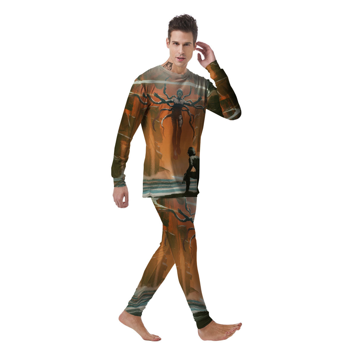 Fight With Alien Print Men's Pajamas-grizzshop