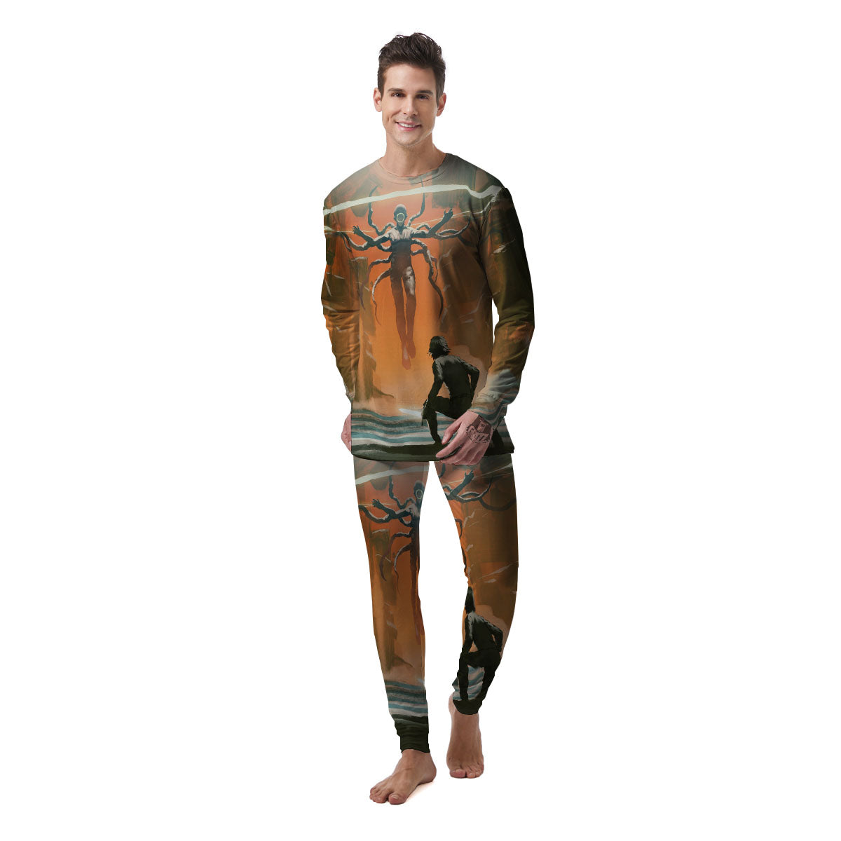 Fight With Alien Print Men's Pajamas-grizzshop