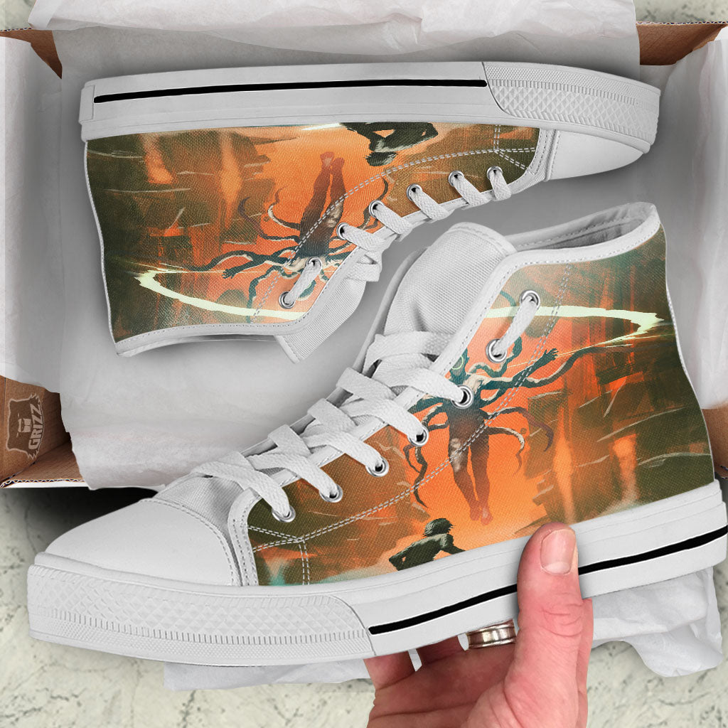 Fight With Alien Print White High Top Shoes-grizzshop