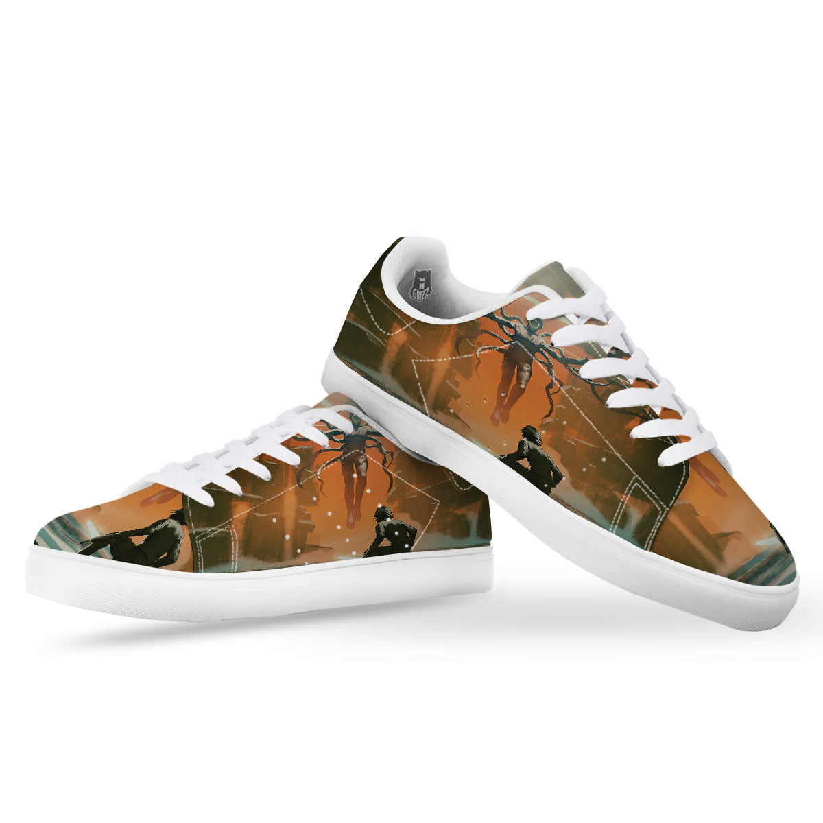 Fight With Alien Print White Low Top Sneakers-grizzshop