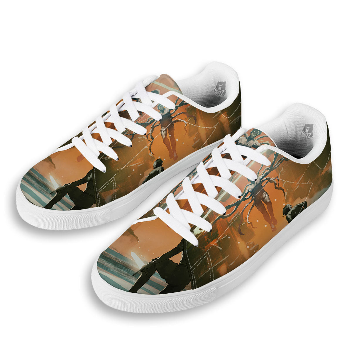 Fight With Alien Print White Low Top Sneakers-grizzshop