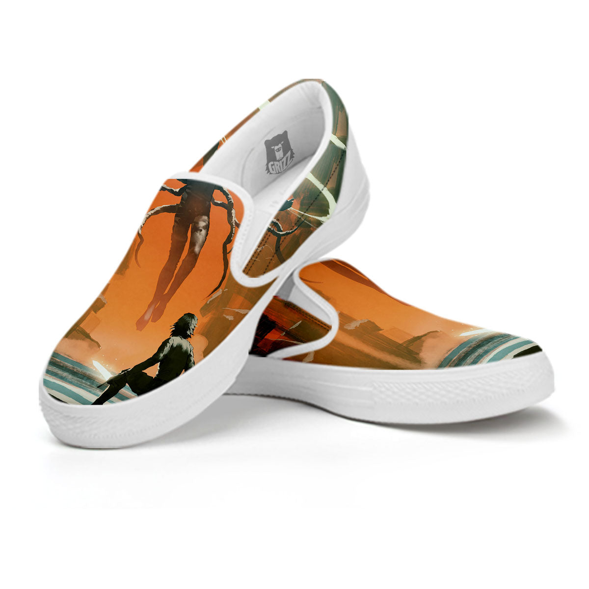 Fight With Alien Print White Slip On Shoes-grizzshop