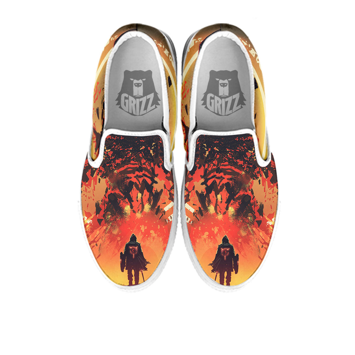 Fight With Demon Print White Slip On Shoes-grizzshop