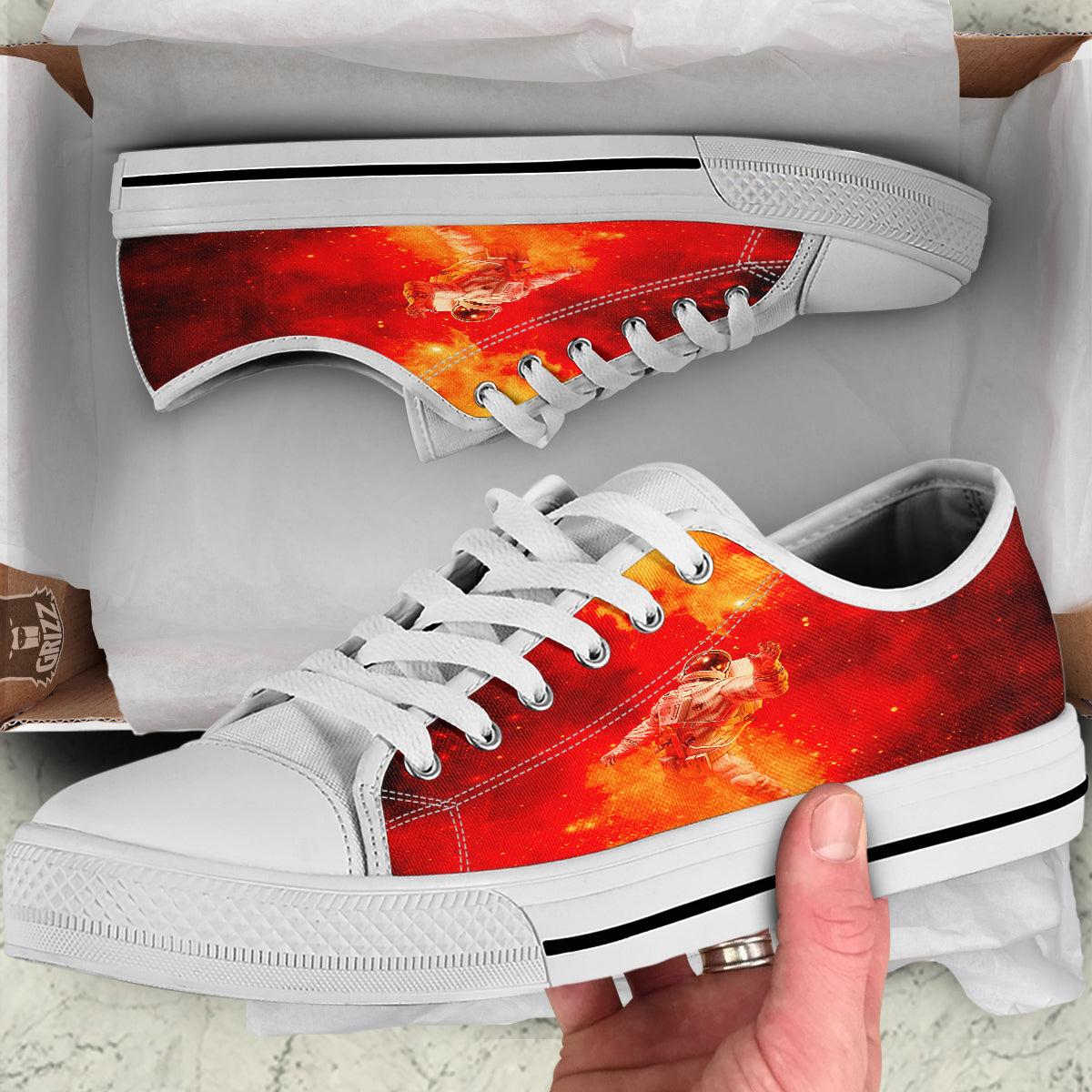 Fire Astronaut Print White Low Top Shoes-grizzshop