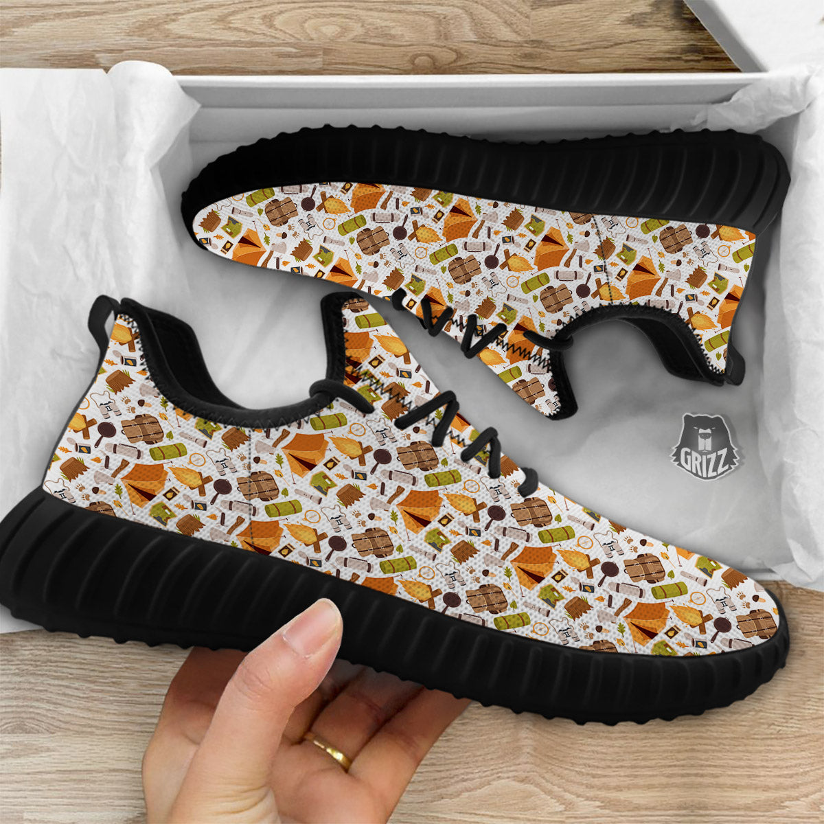 Fire Camping Print Pattern Black Walking Shoes-grizzshop