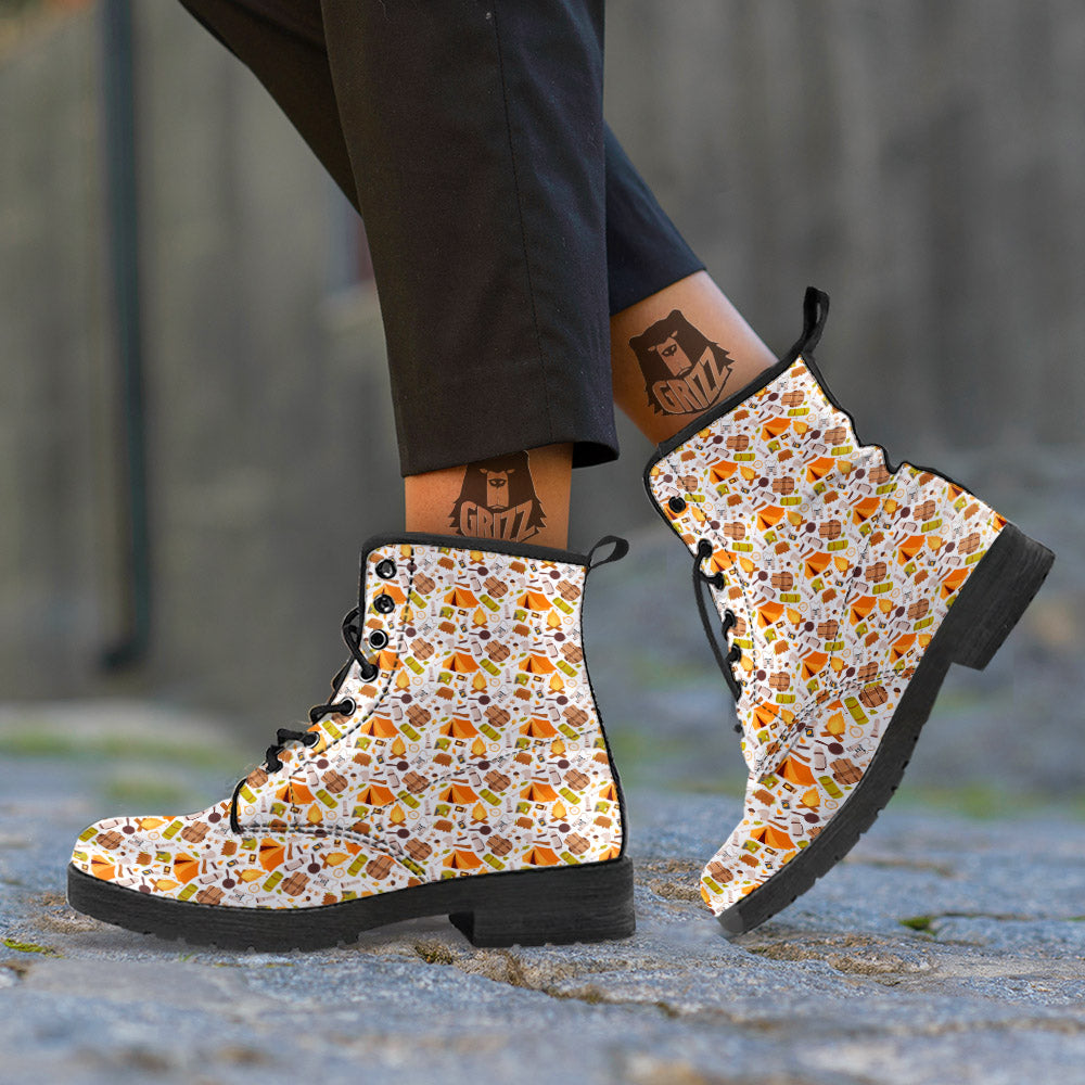 Fire Camping Print Pattern Leather Boots-grizzshop