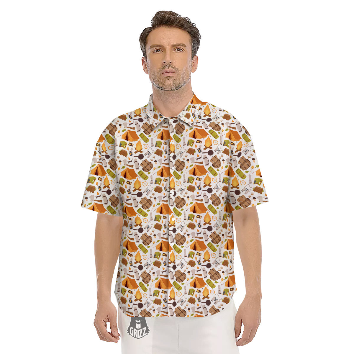 Fire Camping Print Pattern Men's Short Sleeve Shirts-grizzshop