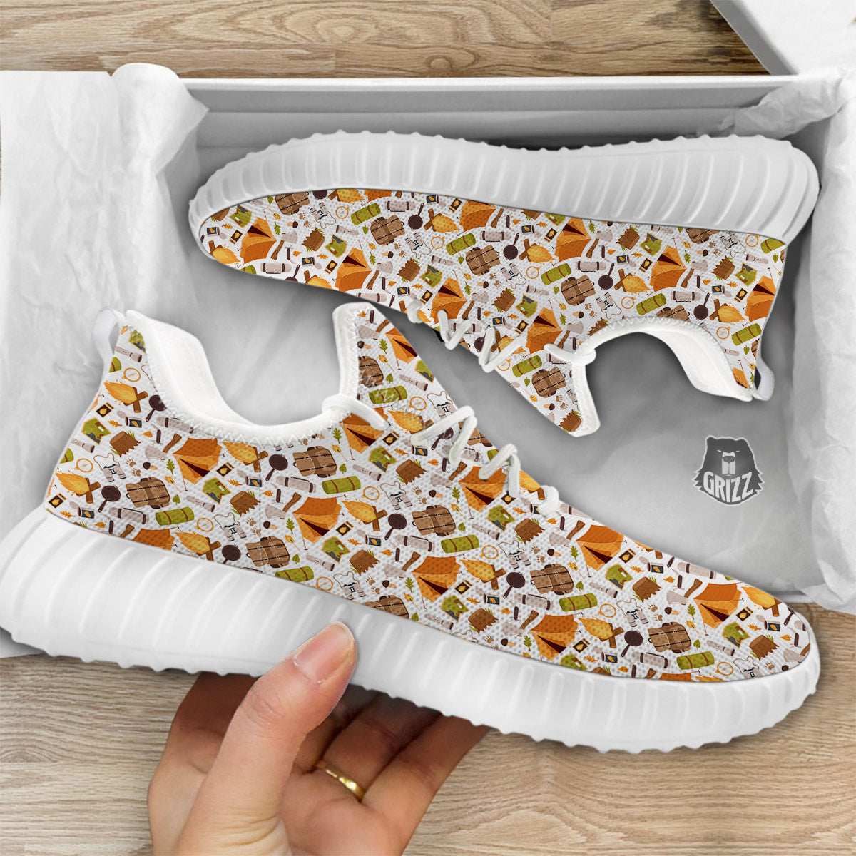 Fire Camping Print Pattern White Walking Shoes-grizzshop