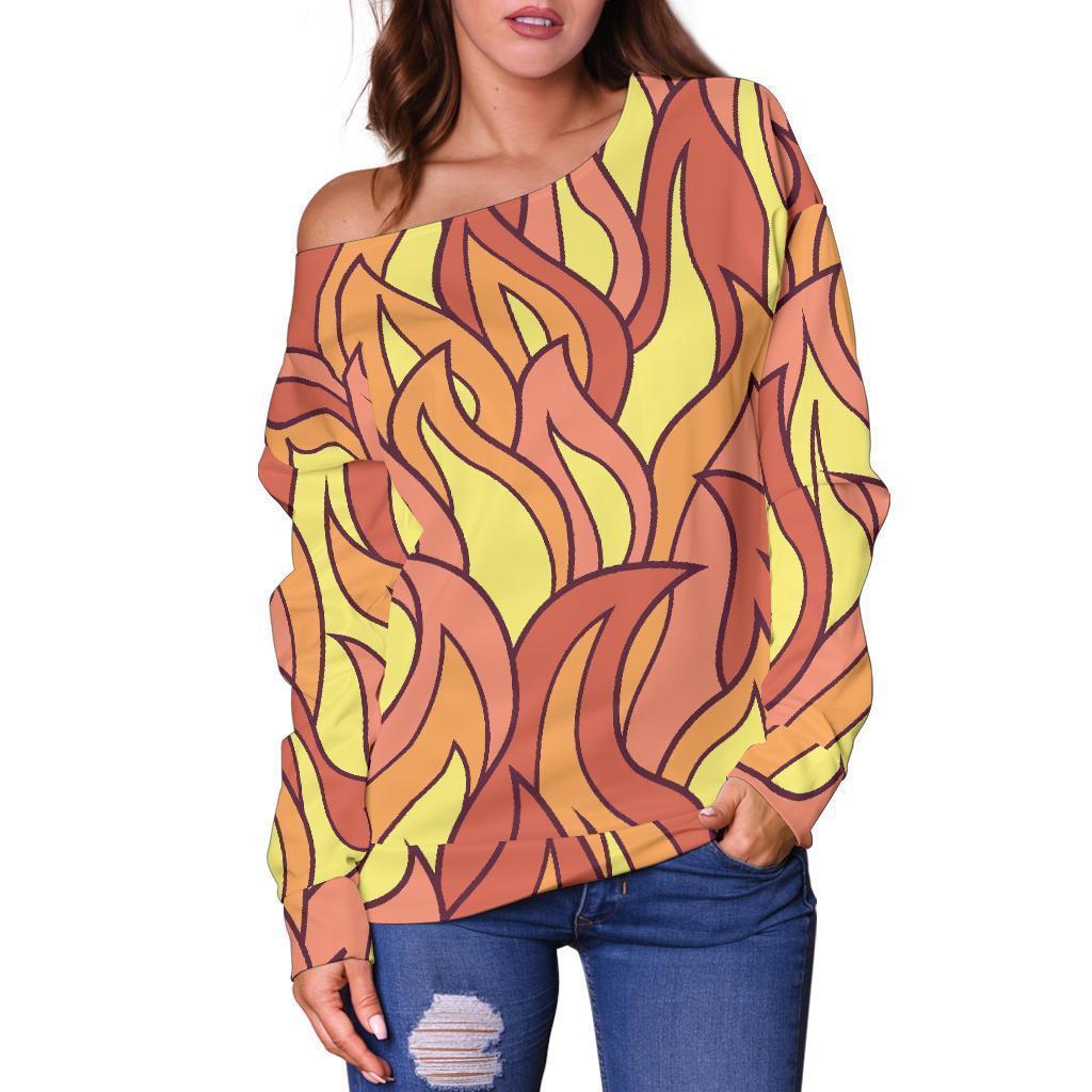 Fire Flame Pattern Print Women Off Shoulder Sweatshirt-grizzshop