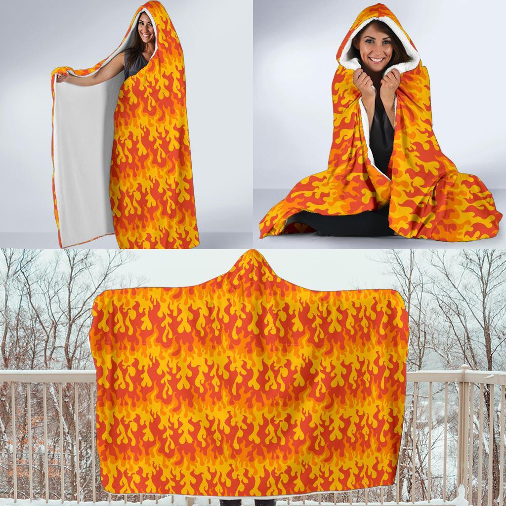 Fire Flame Print Pattern Hooded Blanket-grizzshop
