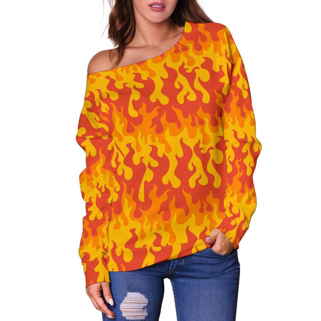 Fire Flame Print Pattern Women Off Shoulder Sweatshirt-grizzshop