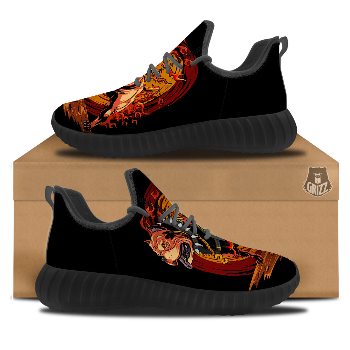 Fire Pitbull Print Black Walking Shoes-grizzshop