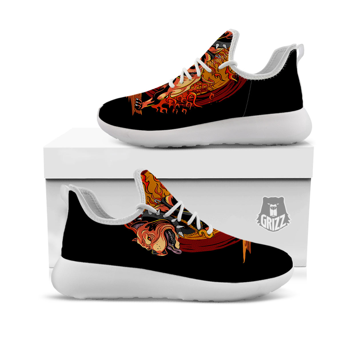 Fire Pitbull Print White Athletic Shoes-grizzshop