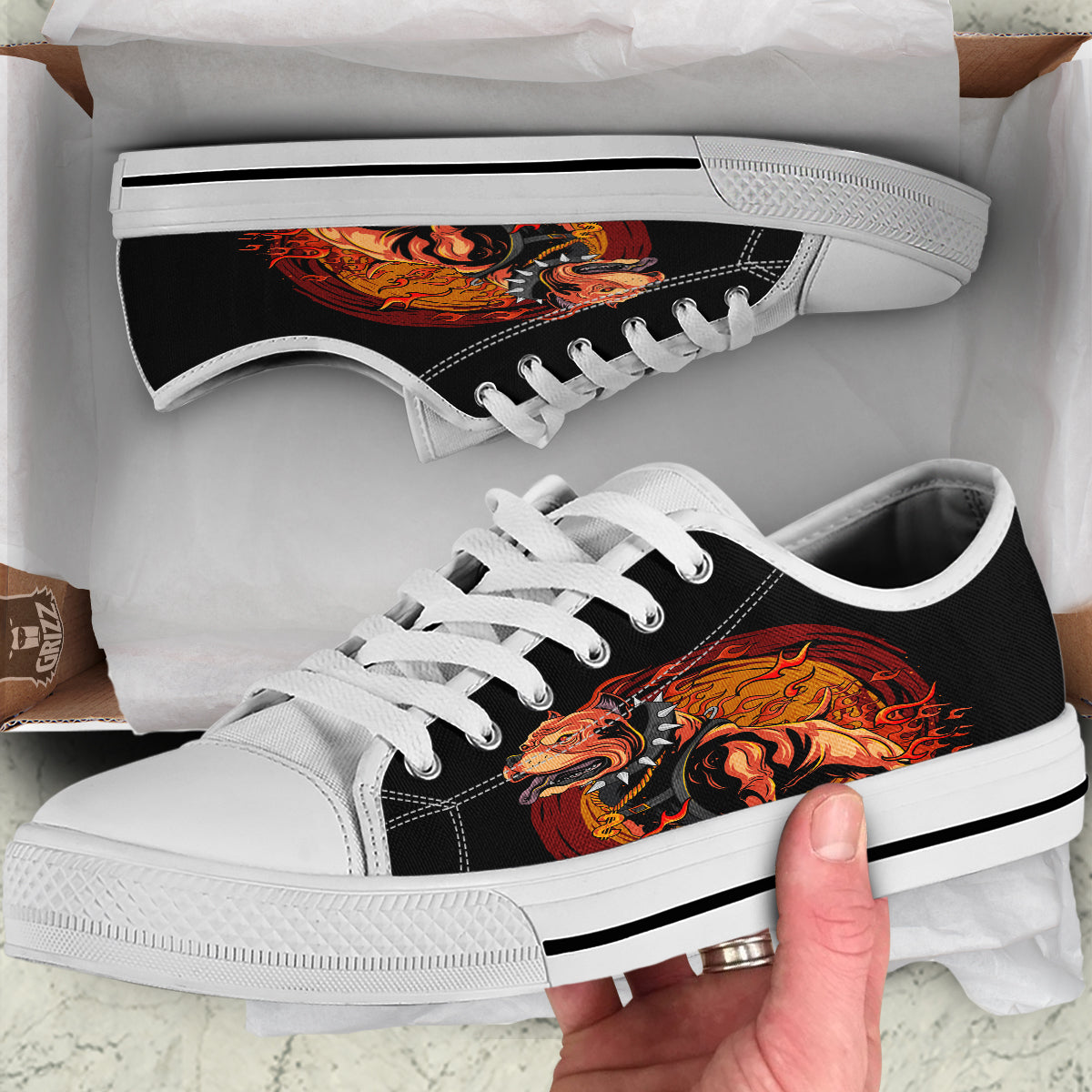 Fire Pitbull Print White Low Top Shoes-grizzshop