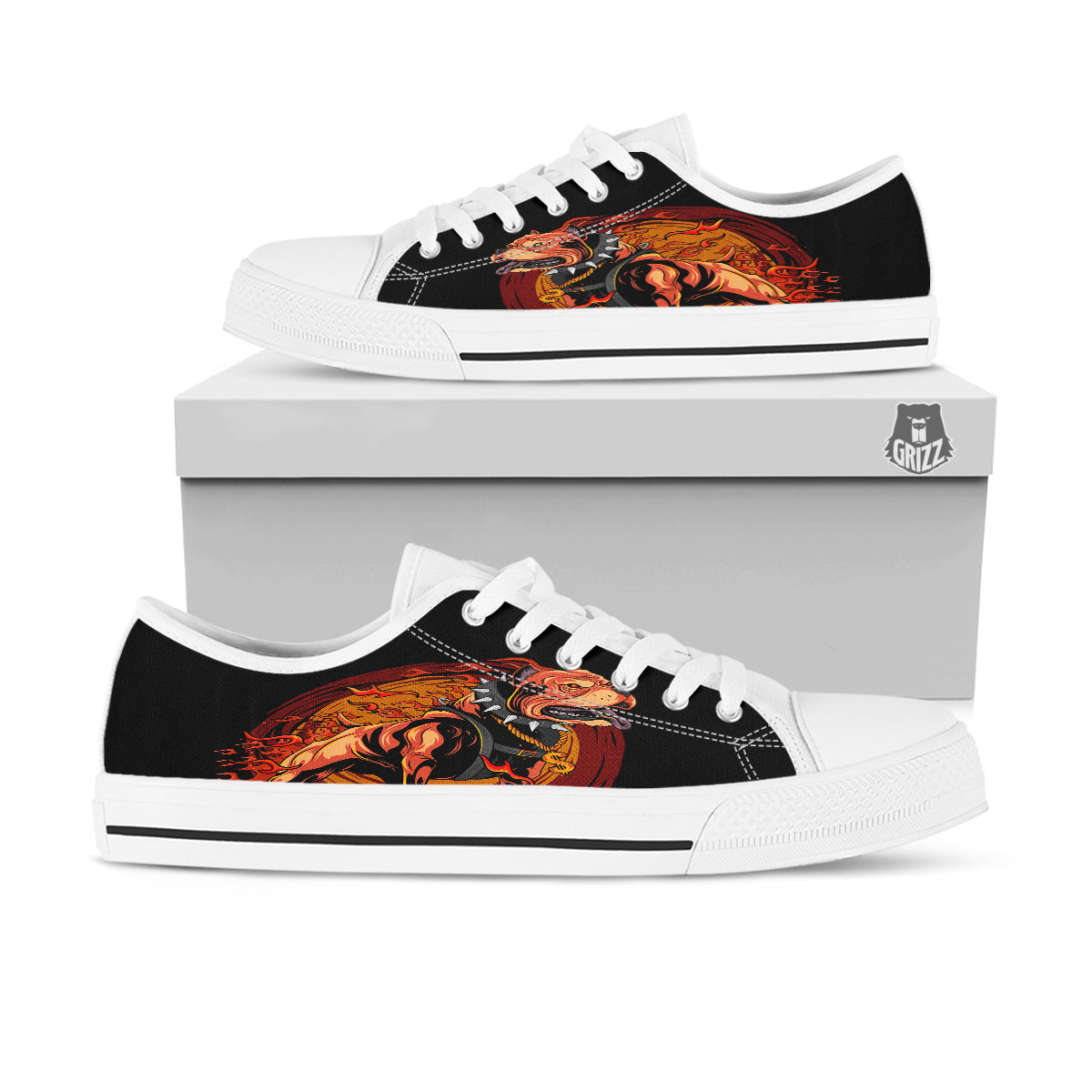 Fire Pitbull Print White Low Top Shoes-grizzshop