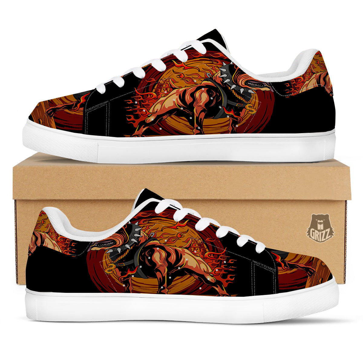 Fire Pitbull Print White Low Top Sneakers-grizzshop