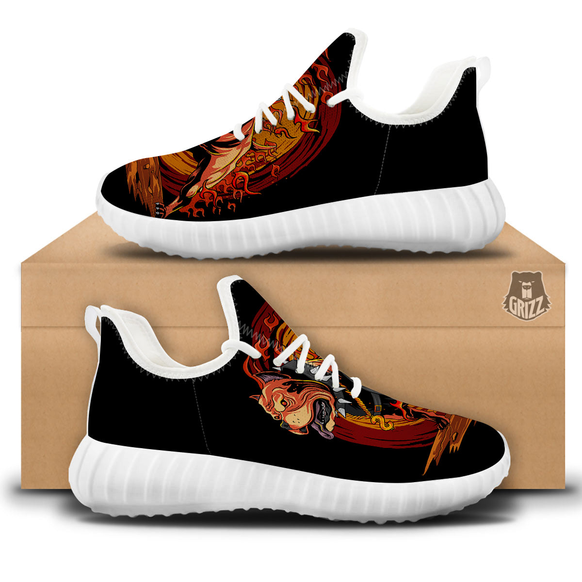Fire Pitbull Print White Walking Shoes-grizzshop