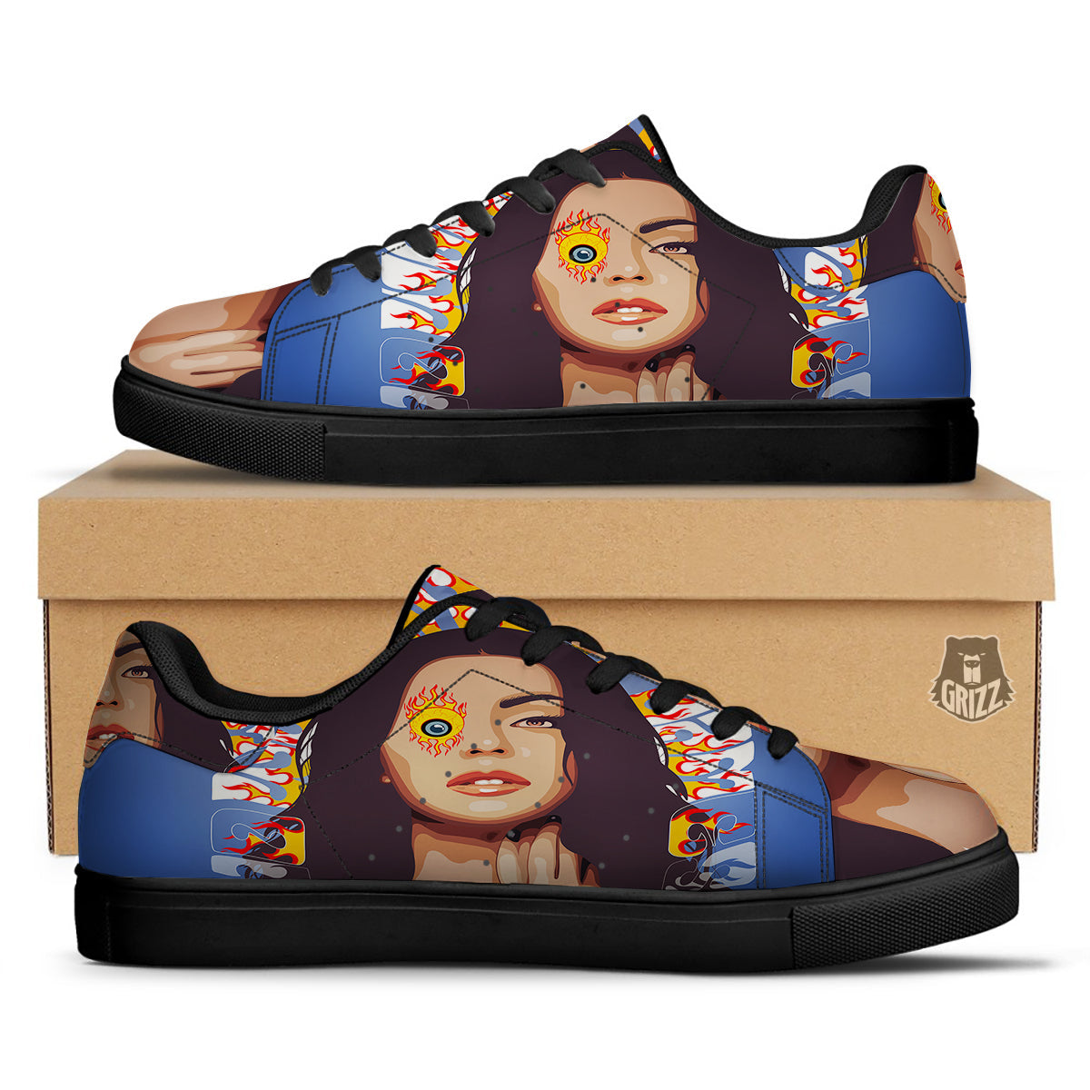 Fire Psychedelic Women Print Black Low Top Sneakers-grizzshop