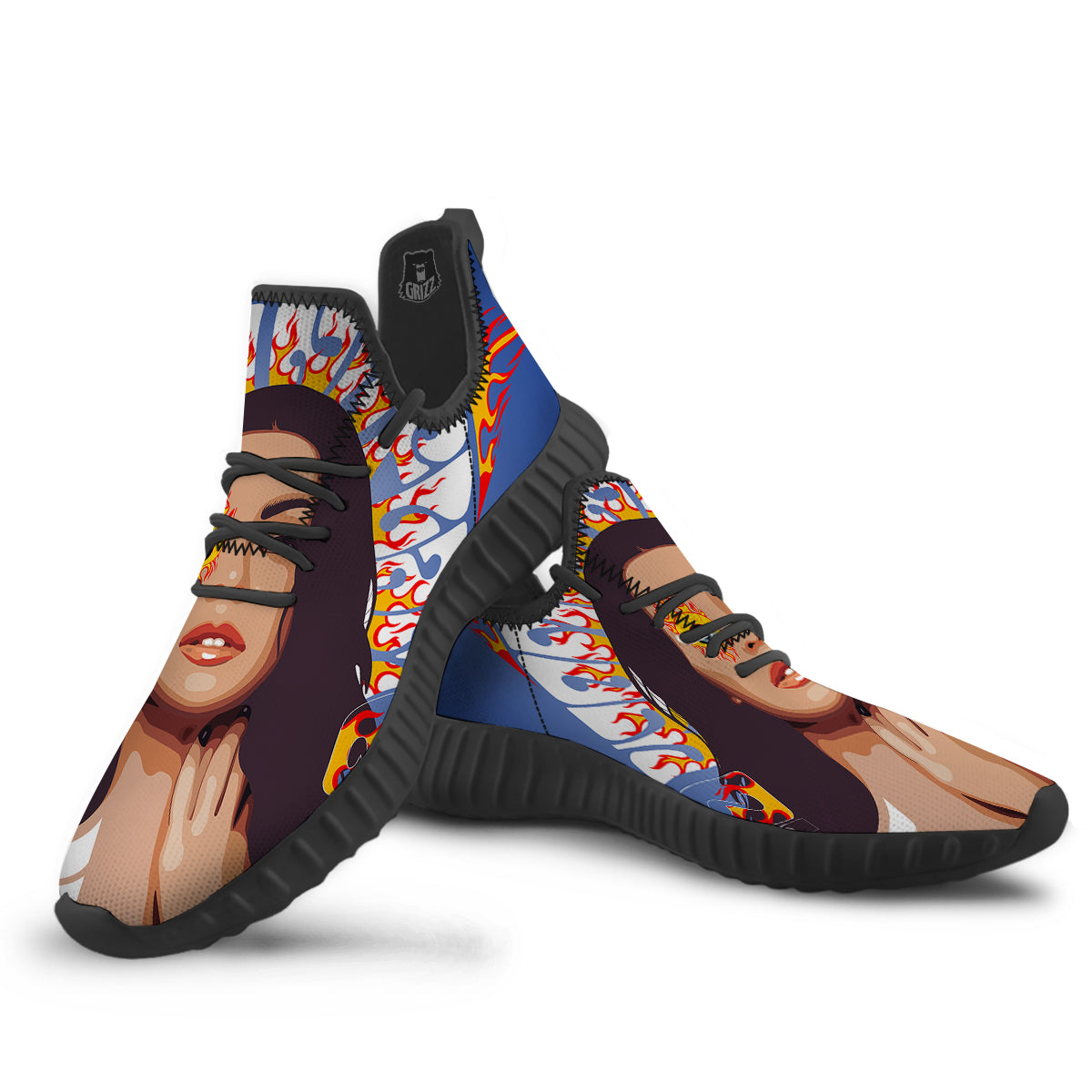 Fire Psychedelic Women Print Black Walking Shoes-grizzshop