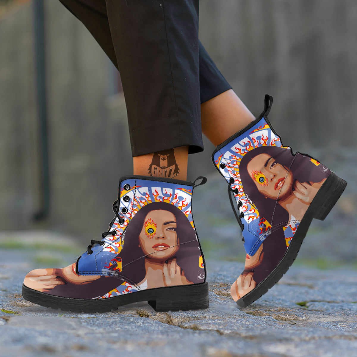 Fire Psychedelic Women Print Leather Boots-grizzshop