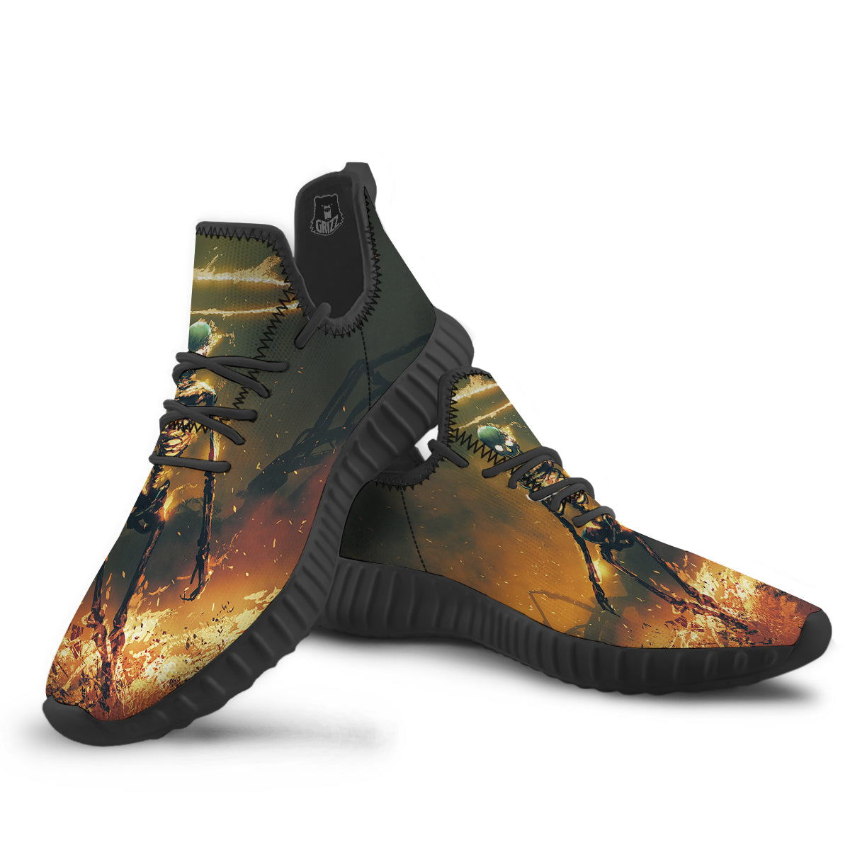 Fire Skeleton Print Black Walking Shoes-grizzshop