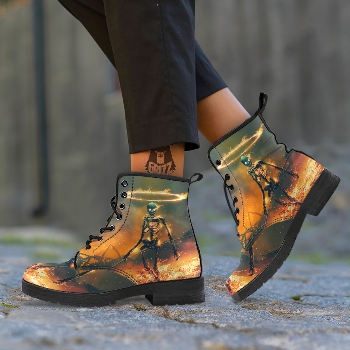 Fire Skeleton Print Leather Boots-grizzshop