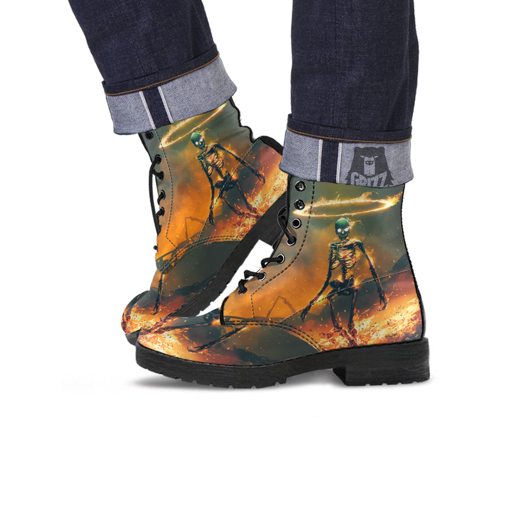 Fire Skeleton Print Leather Boots-grizzshop