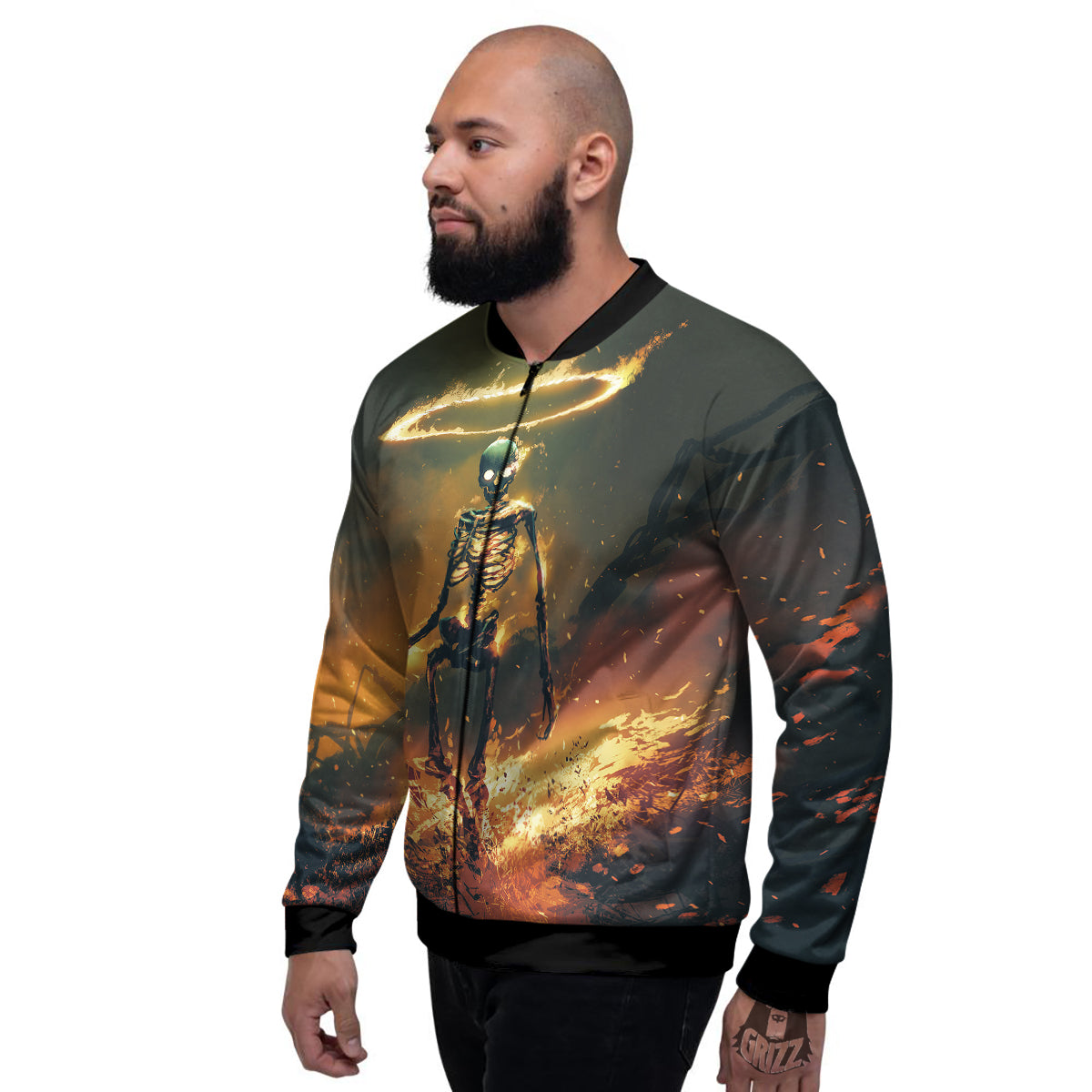 Fire Skeleton Print Men's Bomber Jacket-grizzshop