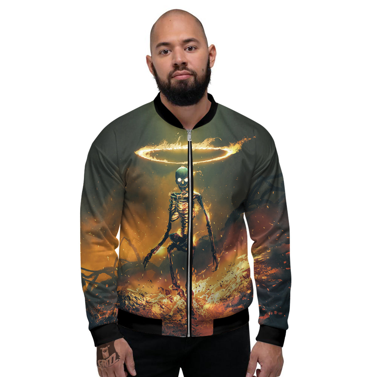 Fire Skeleton Print Men's Bomber Jacket-grizzshop