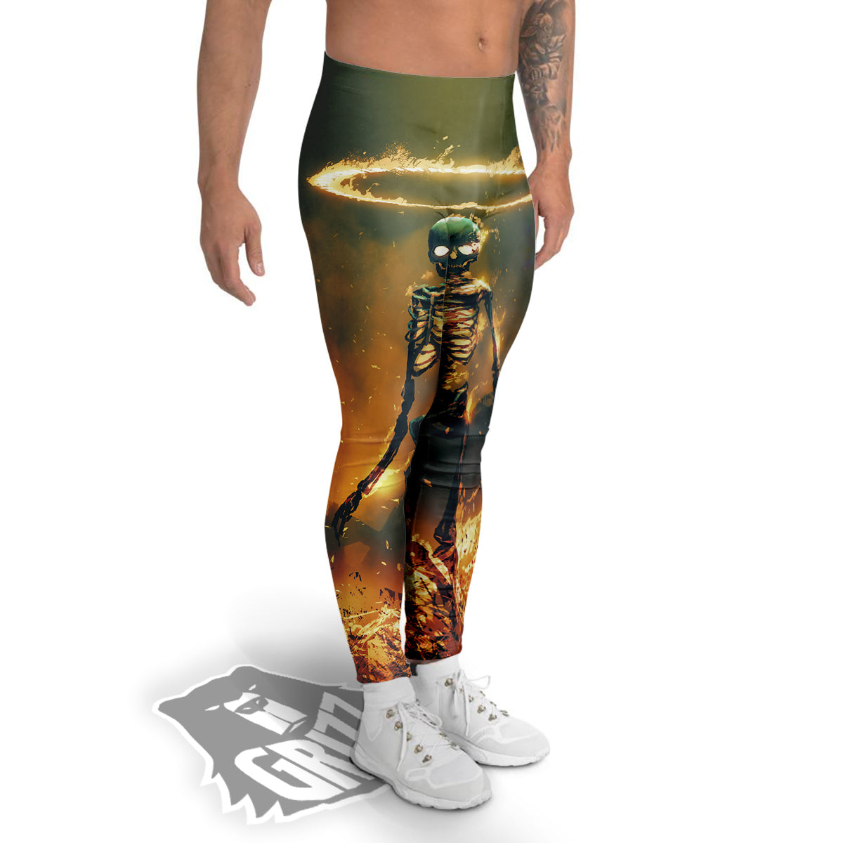 Fire Skeleton Print Men's Leggings-grizzshop