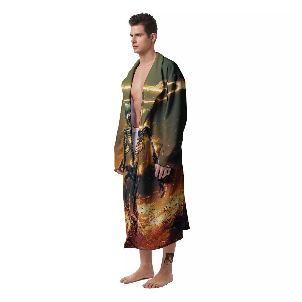 Fire Skeleton Print Men's Robe-grizzshop
