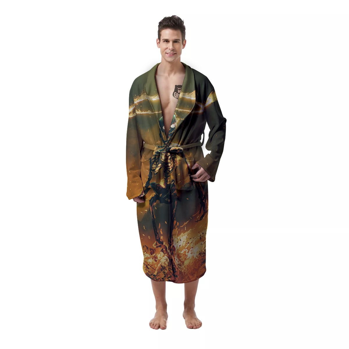 Fire Skeleton Print Men's Robe-grizzshop
