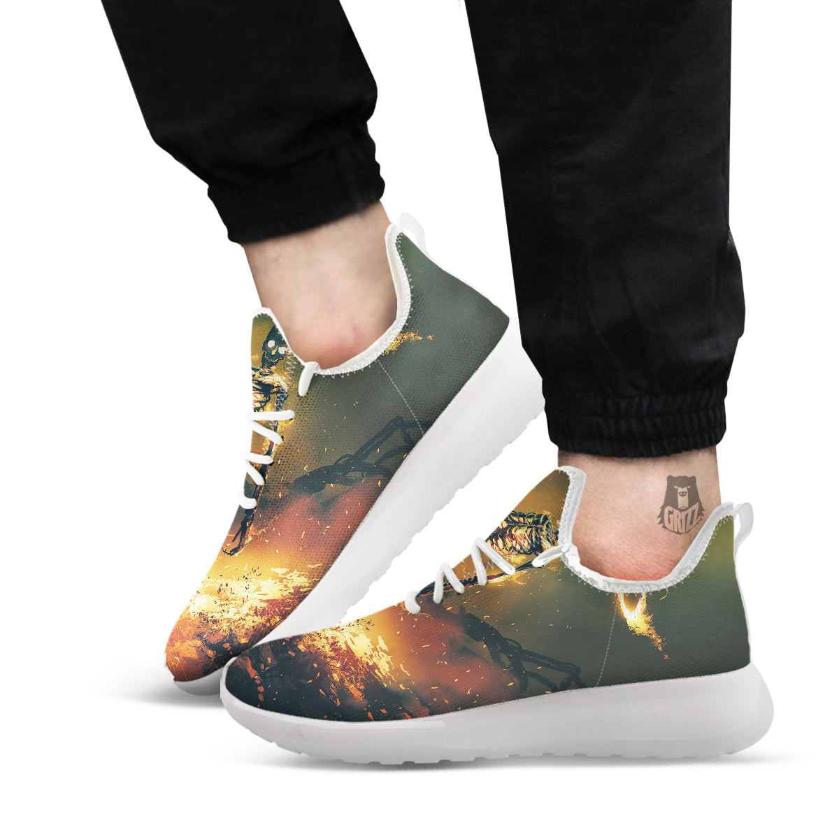 Fire Skeleton Print White Athletic Shoes-grizzshop